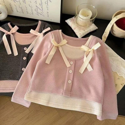 [PRINCESSMankaidi] 2-11 Years Old Sweet Girls Fake Two Piece Shirt Summer Bow T-shirt Cute Stretch