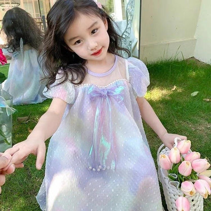 [PRINCESSMankaidi]Mermaid Princess Dress Girls' Summer Outfit Stylish Bow Children's Dress
