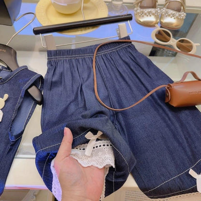 [Princess Mankadi] 1-9y/old Kids Girls' terno denim suit summer three-dimensional doll lace vest sleeveless