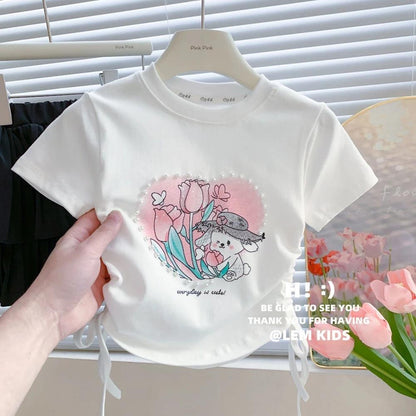 [Princess Mankadi] 2-10 years old pink white T-shirt girl drawstring top comfortable soft clothes
