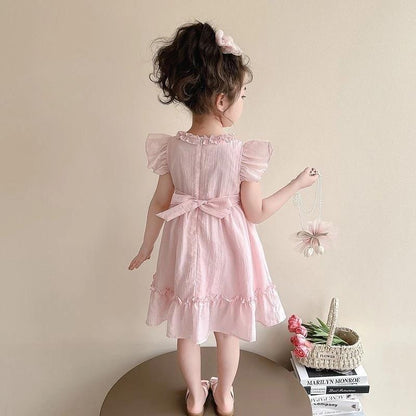 [Princess Mankadi] Dress for kids girl casual Solid color flutter sleeves summer cotton dress