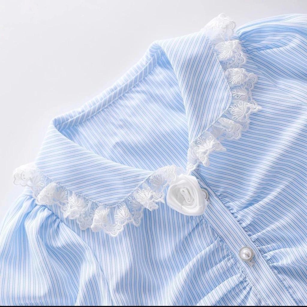 [Princess Mankadi] Girls Terno Outfit French oil painting style lace-trimmed collar Top And midi skirt Set For Kids Gir