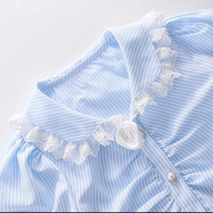 [Princess Mankadi] Girls Terno Outfit French oil painting style lace-trimmed collar Top And midi skirt Set For Kids Gir
