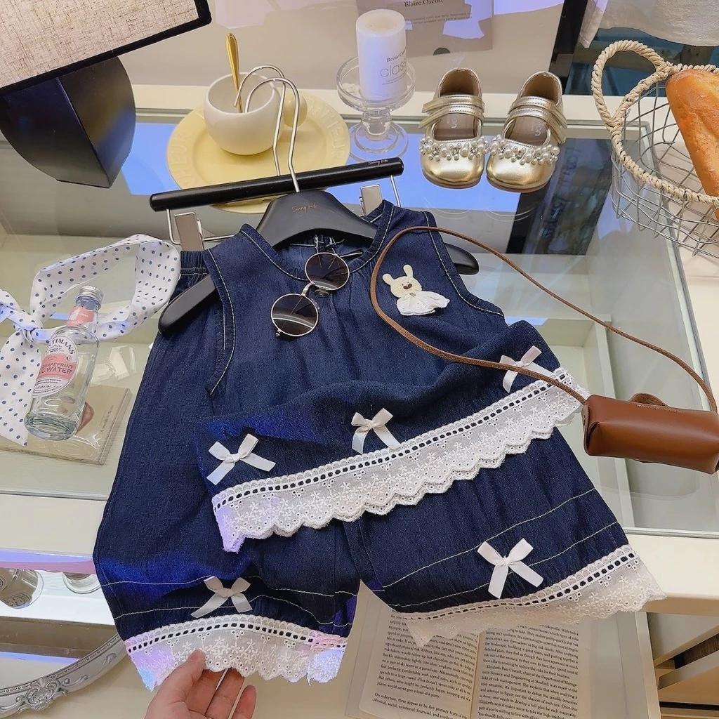 [Princess Mankadi] 1-9y/old Kids Girls' terno denim suit summer three-dimensional doll lace vest sleeveless