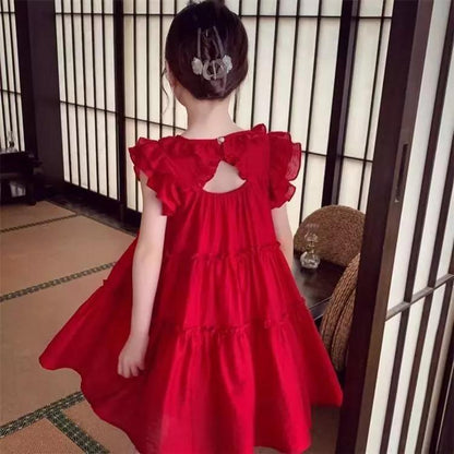 [PRINCESSMankaidi] Girls dress stylish children's flying sleeves dress princess dress bright red dress