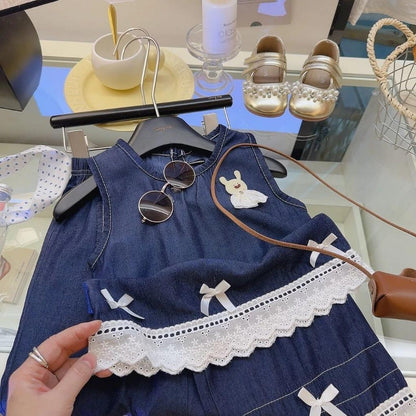 [Princess Mankadi] 1-9y/old Kids Girls' terno denim suit summer three-dimensional doll lace vest sleeveless