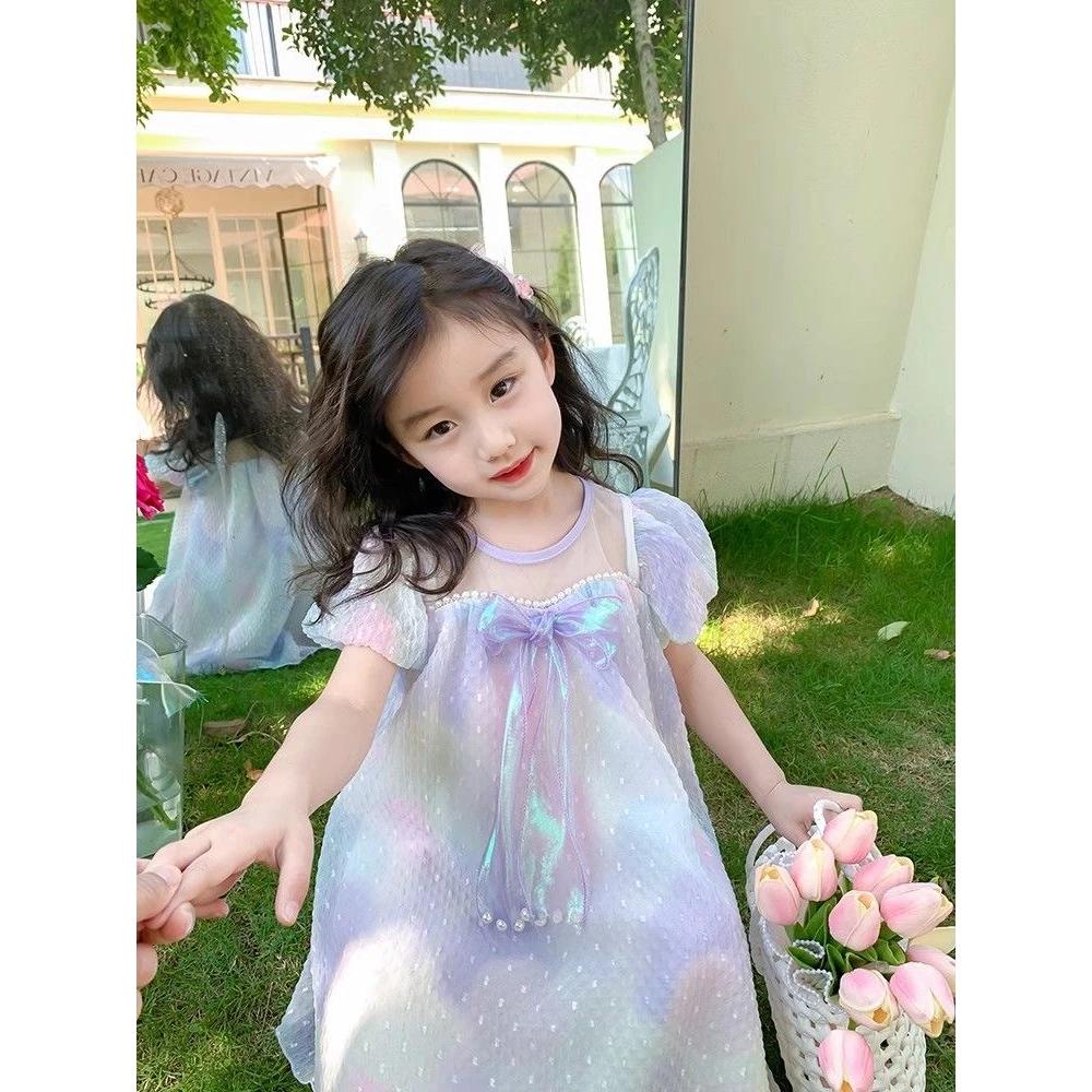 [PRINCESSMankaidi]Mermaid Princess Dress Girls' Summer Outfit Stylish Bow Children's Dress