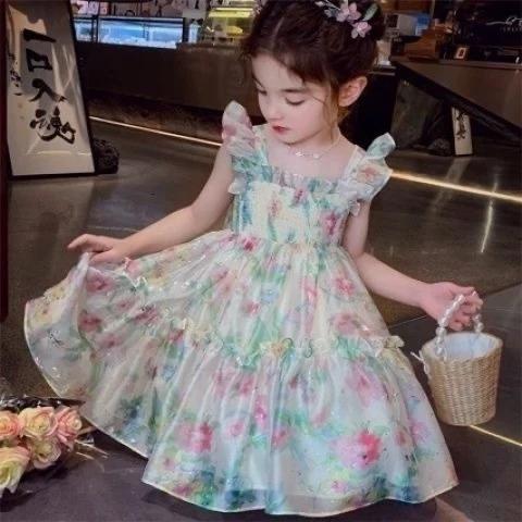 [PRINCESSMankaidi] Lovely Girl Sling Butterfly Princess Tulle Dress Cute Little Flower Summer Dresses Kids Girl Party T