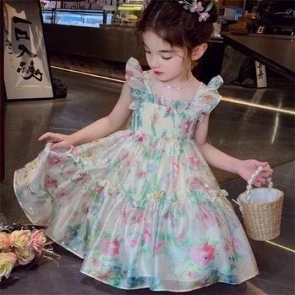 [PRINCESSMankaidi] Lovely Girl Sling Butterfly Princess Tulle Dress Cute Little Flower Summer Dresses Kids Girl Party T
