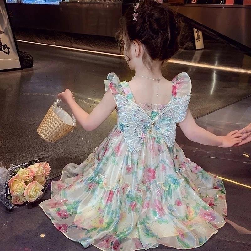 [PRINCESSMankaidi] Lovely Girl Sling Butterfly Princess Tulle Dress Cute Little Flower Summer Dresses Kids Girl Party T
