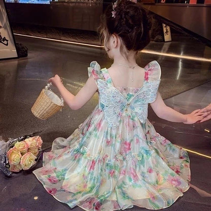 [PRINCESSMankaidi] Lovely Girl Sling Butterfly Princess Tulle Dress Cute Little Flower Summer Dresses Kids Girl Party T