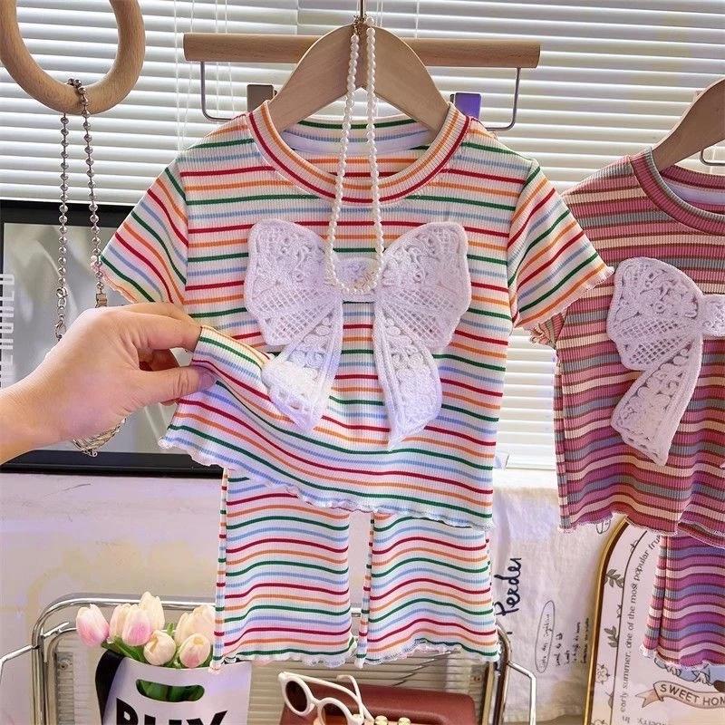 [Princess Mankadi] Girls summer suit 2025 new children's bow striped short-sleeved Korean summer two-piece suit