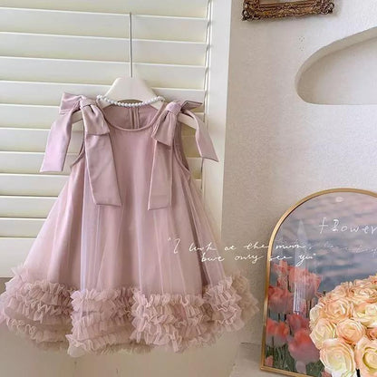 [PRINCESSMankaidi] Girls Korean summer dress Children's bow mesh princess dress Baby sleeveless dress