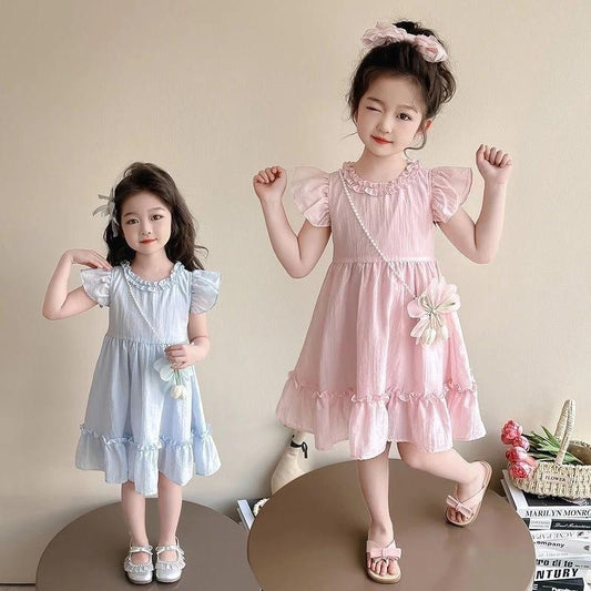 [Princess Mankadi] Dress for kids girl casual Solid color flutter sleeves summer cotton dress