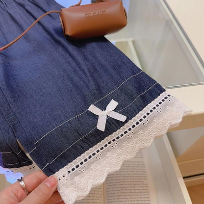 [Princess Mankadi] 1-9y/old Kids Girls' terno denim suit summer three-dimensional doll lace vest sleeveless