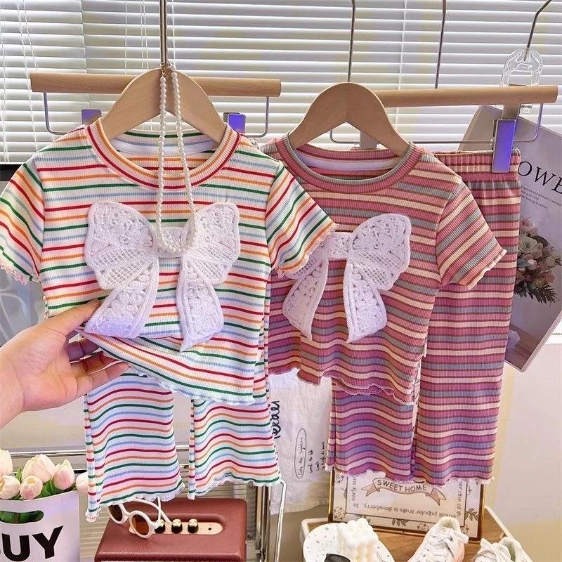 [Princess Mankadi] Girls summer suit 2025 new children's bow striped short-sleeved Korean summer two-piece suit