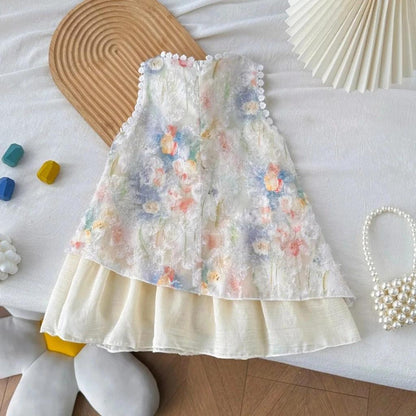 [PRINCESSMankaidi]Girls Sleeveless Tulip Print Dress with Bow – Soft Cotton Summer Dress for Ages 3-7, Sweet Princess