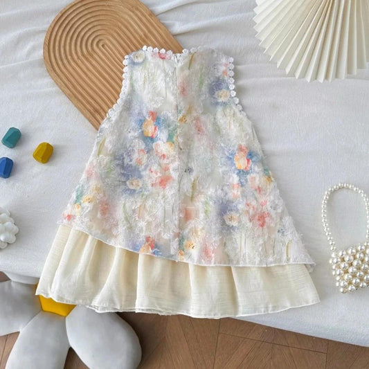 [PRINCESSMankaidi]Girls Sleeveless Tulip Print Dress with Bow – Soft Cotton Summer Dress for Ages 3-7, Sweet Princess