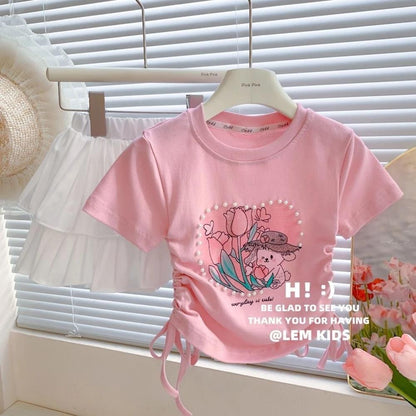 [Princess Mankadi] 2-10 years old pink white T-shirt girl drawstring top comfortable soft clothes