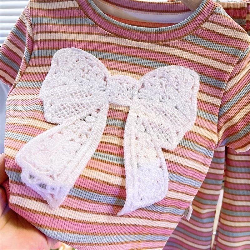 [Princess Mankadi] Girls summer suit 2025 new children's bow striped short-sleeved Korean summer two-piece suit