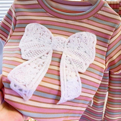 [Princess Mankadi] Girls summer suit 2025 new children's bow striped short-sleeved Korean summer two-piece suit