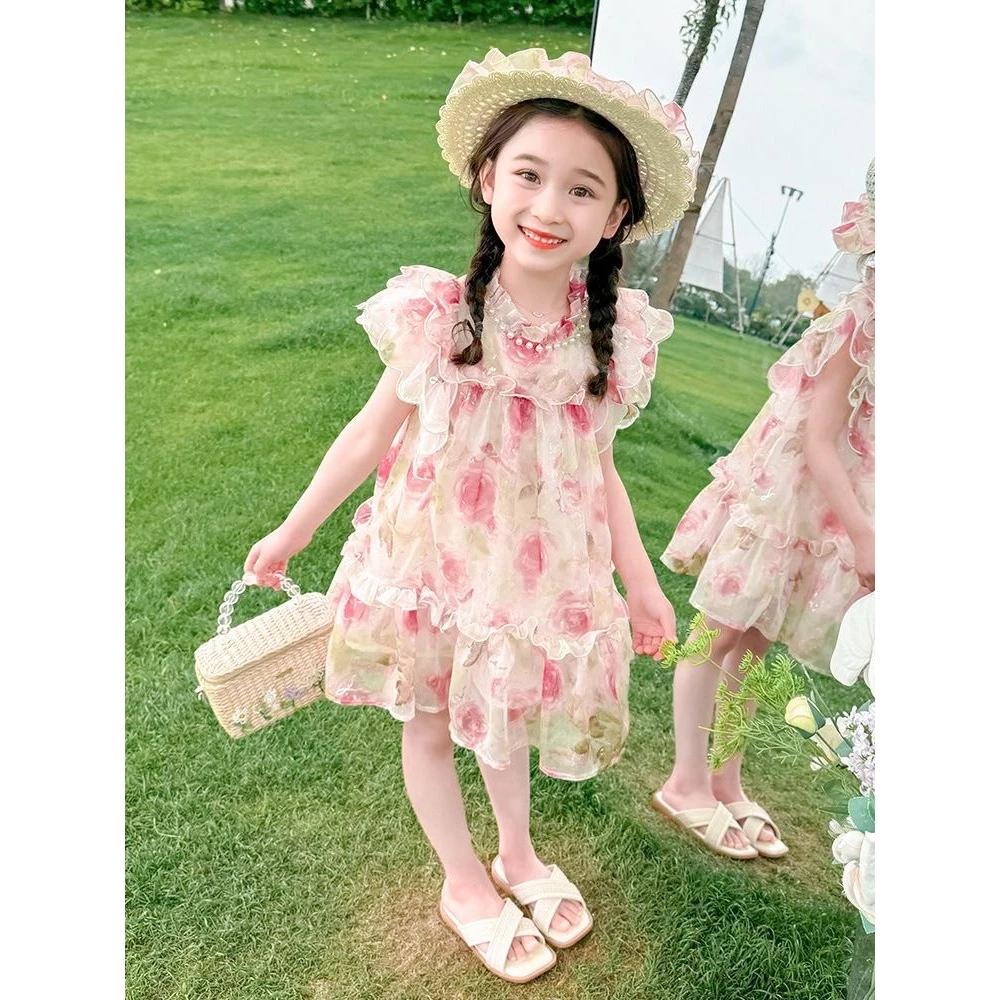 [Princess Mankadi] Dress for kids girl Sweet princess style floral pattern tulle skirt christmas party outfit