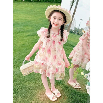 [Princess Mankadi] Dress for kids girl Sweet princess style floral pattern tulle skirt christmas party outfit