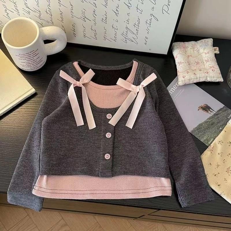 [PRINCESSMankaidi] 2-11 Years Old Sweet Girls Fake Two Piece Shirt Summer Bow T-shirt Cute Stretch
