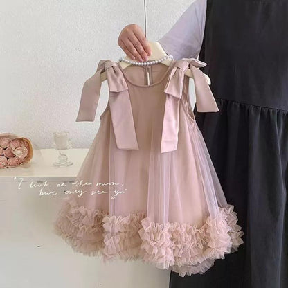[PRINCESSMankaidi] Girls Korean summer dress Children's bow mesh princess dress Baby sleeveless dress