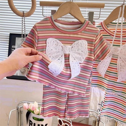 [Princess Mankadi] Girls summer suit 2025 new children's bow striped short-sleeved Korean summer two-piece suit