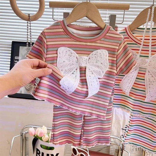 [Princess Mankadi] Girls summer suit 2025 new children's bow striped short-sleeved Korean summer two-piece suit