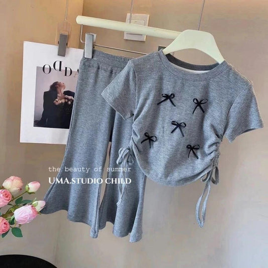 [Princess Mankadi] Terno for Kid Girl formal Bow Design Top Drawstring Flare Pants Suit Two-piece Set