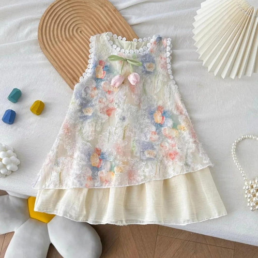 [PRINCESSMankaidi]Girls Sleeveless Tulip Print Dress with Bow – Soft Cotton Summer Dress for Ages 3-7, Sweet Princess